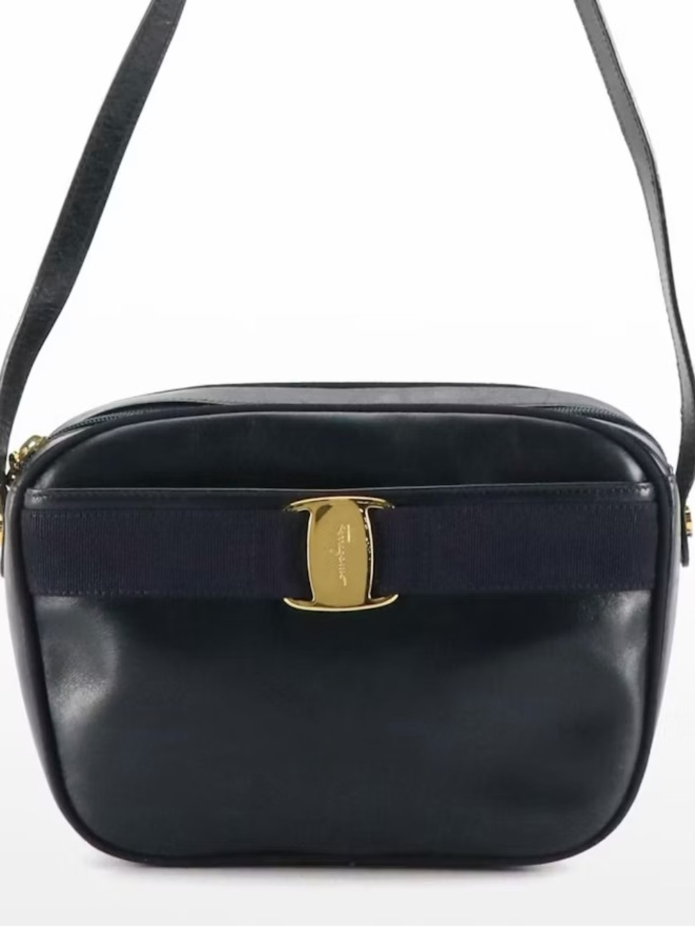 Genuine Salvatore Ferragamo Vara Bow Camera Crossbody Bag in Navy Blue Leather